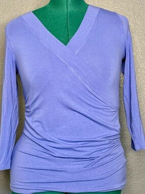 Lauren Ralph Lauren Wrap Top M Lavender Ruched V Neck 3/4 Sleeve